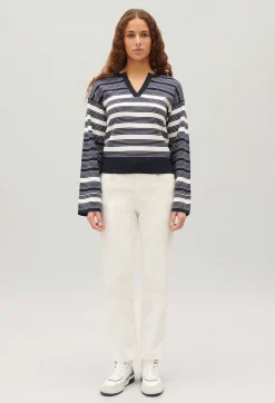 Claudie Pierlot Ecru Striped Henley Neck Jumper*Women Sweaters And Cardigans
