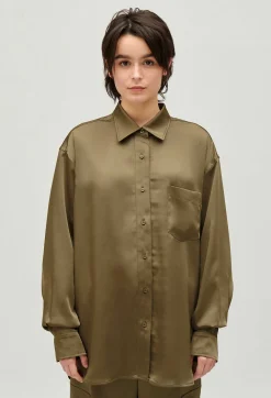 Claudie Pierlot Loose-Fit Khaki Satin-Effect Shirt*Women Tops And Shirts