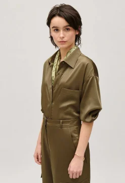 Claudie Pierlot Loose-Fit Khaki Satin-Effect Shirt*Women Tops And Shirts