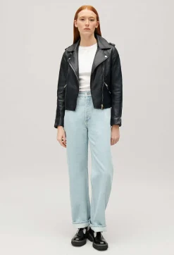 Claudie Pierlot Navy Blue Smooth Leather Jacket*Women Jackets And Coats