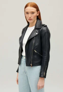 Claudie Pierlot Navy Blue Smooth Leather Jacket*Women Jackets And Coats