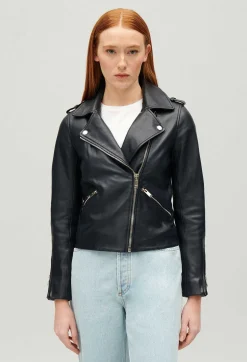 Claudie Pierlot Navy Blue Smooth Leather Jacket*Women Jackets And Coats